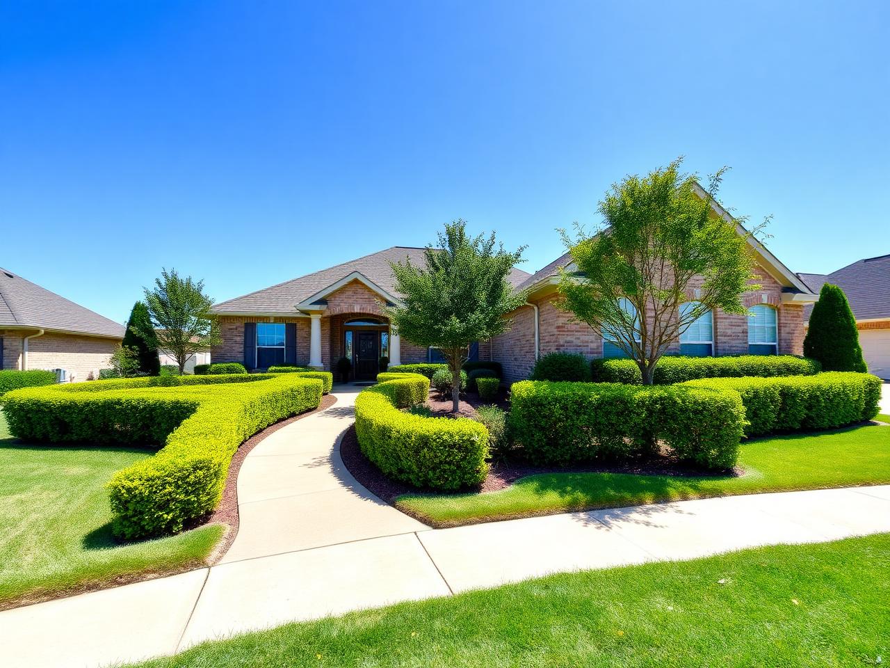 Beautifully maintained Texas suburban home with trimmed hedges