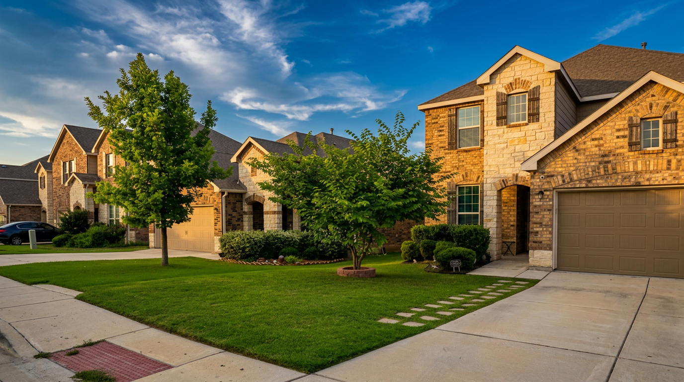 Beautifully maintained suburban Texas front lawn at golden hour